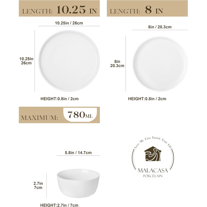 Набір посуду MALACASA LEXI 18 предметів: тарілки та миски, порцеляна, для 6 осіб, білий, сумісний з мийною машиною та мікрохвильовкою