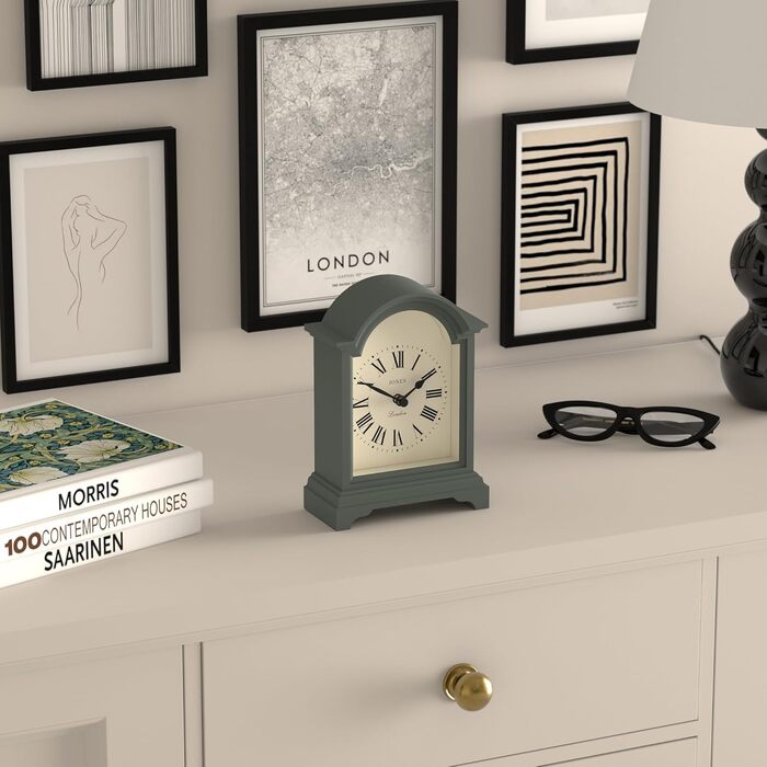 JONES CLOCKS® Bistro Table Clock | Classic Arch Design | White | Timeless style for desk, table, shelf or nightstand (Green)