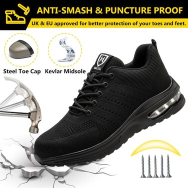 Черевики робочі чоловічі/жіночі, захисні, спортивні, з металевим підноском, неслизькі, дихаючі, 46 EU, чорні