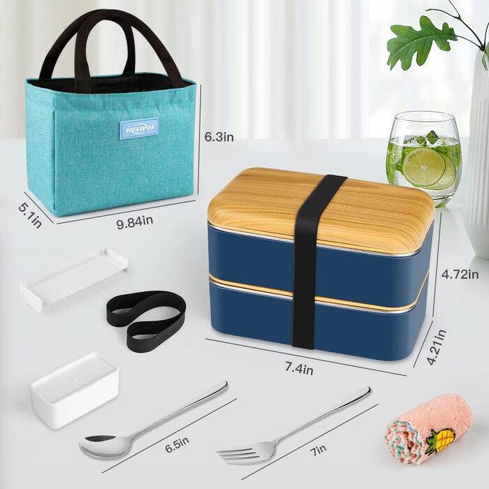 HOLIPOT Ланчбокс Bento Box з роздільниками, 2 рівні, з нержавіючої сталі та PP, з ложкою та виделкою, сумка, для дітей та дорослих, блакитний