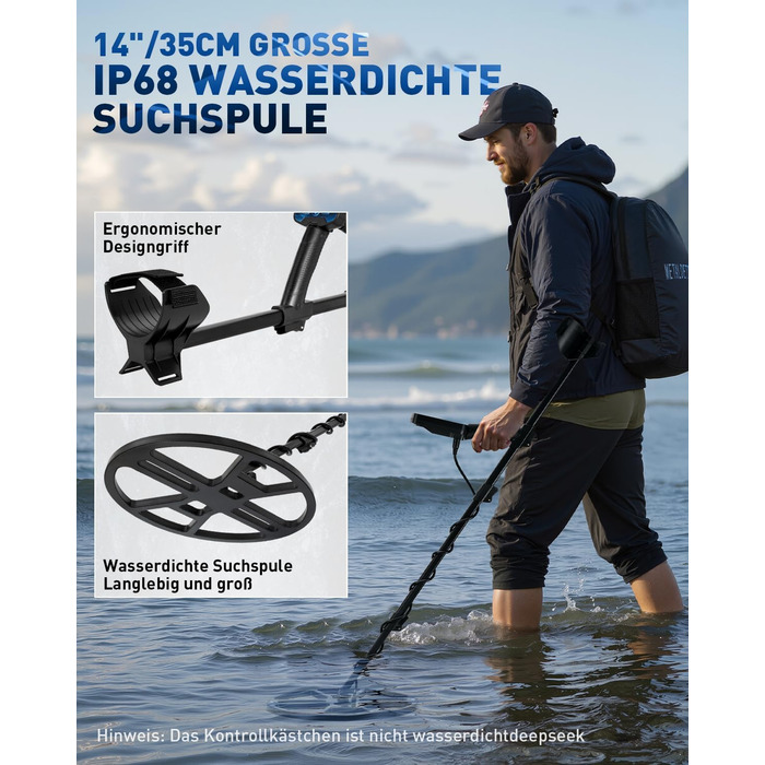 Професійний металошукач Metalldetektor Professional з водонепроникною DD-котушкою 14'' та широким діапазоном сканування, з функцією Pinpoint, глибиною виявлення 33 см, 4 режими, для дорослих, синій