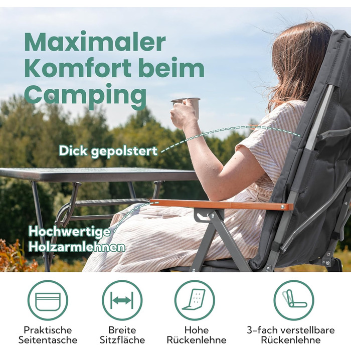 Розкладний стілець для кемпінгу Homecall - висока спинка, 150 кг, 3 положення, для риболовлі, саду, балкону, дому (темно-сірий)