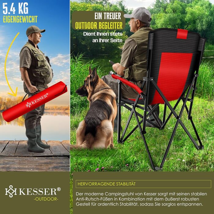 Крісло для кемпінгу KESSER® з високою спинкою, 160 кг, з підлокітниками, тримачем для напоїв та світлом | Стільці для риболовлі, відпочинку на пляжі
