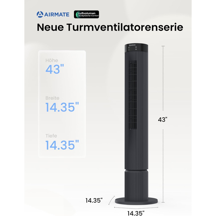 Турбовентилятор AIRMATE: 12 швидкостей, пульт ДУ, 10 м/с, 110 см, 3 режими, таймер 12 год, LED дисплей, 40W, сірий