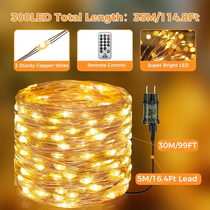 LED гірлянда 30 метрів з пультом, тепле світло - для декору дому, саду, вечірки, шлюбу. Водостійка, 8 режимів, таймер.