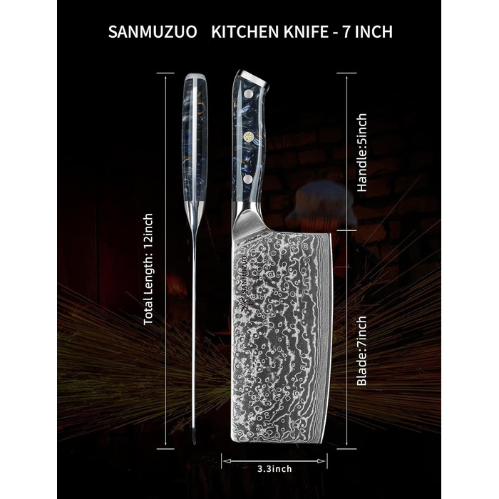 SANMUZUO Nakiri Messer 19 см - професійний ніж шеф-кухаря Дамаск, серія Xuan, VG10 сталь, ручка з епоксидної смоли (Dream Orange)