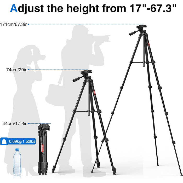 Штатив для камери CAMOLO 67' з сумкою: для фото та відеозйомки, YouTube, Vlogging, DSLR, Android, iPhone