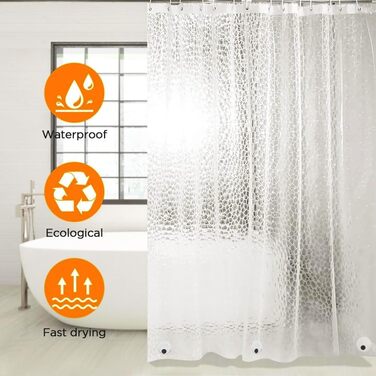 Шторка для душу AiQInu 180x200 см, 3D Eva, прозора, антигрибкова, водовідштовхувальна, для ванної кімнати, з 12 гачками