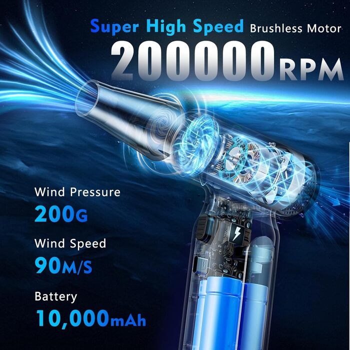 Електричний пилосос для повітряного продування, ультрапотужний, 3 режими, 200000 об/хв, з акумулятором 10000mAh, щіткою для чищення та USB-зарядкою, для чищення ПК