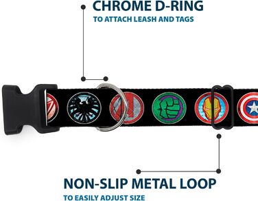 Нашийник Buckle-Down Marvel Avengers з пластиковим кліпом, чорний/кольоровий, ширина 3.8 см, розмір L (45.7-81.3 см)