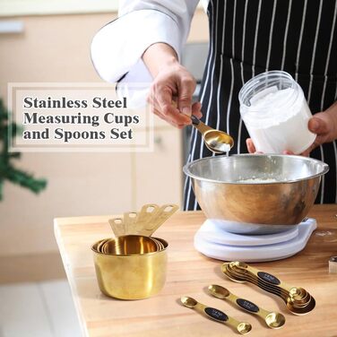 13-Piece Gold-Colored Measuring Cup and Spoon Set, 4 Stainless Steel Measuring Cups and 8 Magnetic Measuring Spoons, 1 Leveler for Kitchen, Cooking, and Baking