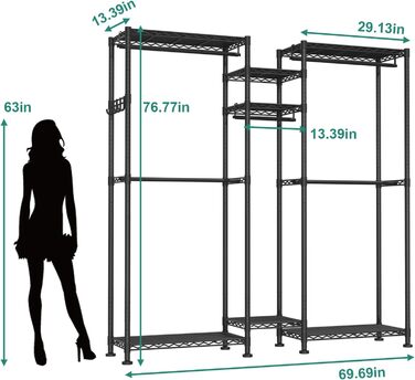 Clothes Rack, Clothes Rack, 4-Tier, Adjustable Closet Organizer System with Drawer | Double Rods | Side Hooks | Holds 445 lbs (L-shaped Clothes Rack for Corners)
