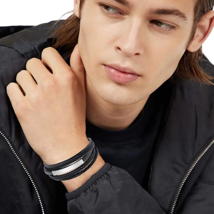 Чоловічий браслет з натуральної шкіри, широкий плетіний браслет на магнітній застібці (чорний)