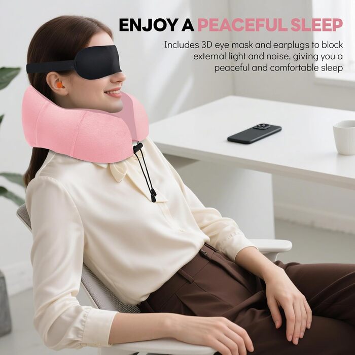 Подушка для шиї у літак - подушка для подорожей Memory Foam, ергономічна форма - подушка для шиї з маскою для сну, навушниками, сумкою - ідеальна для літака, подорожей, офісу, дому Рожева