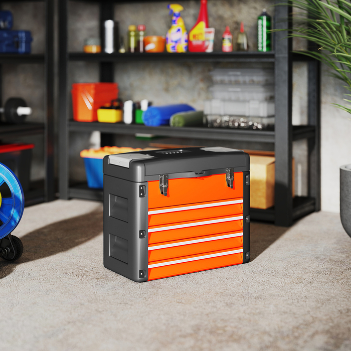 HOMCOM Empty Tool Box, 49.7 x 25.3 x 40.7 cm Tool Chest with 4 Drawers, Mini-Box, Top Storage Compartment, Handle, Steel Tool Case, Orange | Aosom