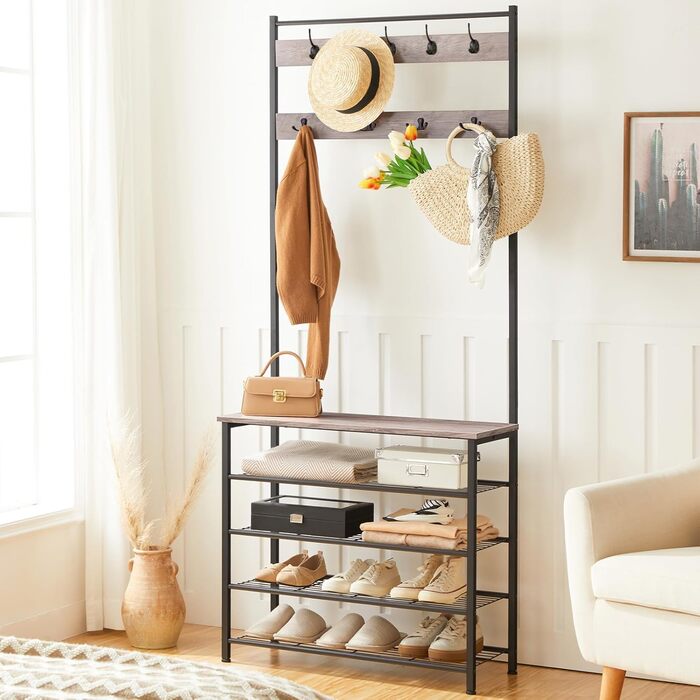 HOOBRO Coat Rack, Shoe Shelf with Coat Rack, Clothes Rack with Shoe Storage, Shoe Cabinet with 5 Shelves, for Entryway, Dark Brown EBF80MT01G2 (Greige + Black)