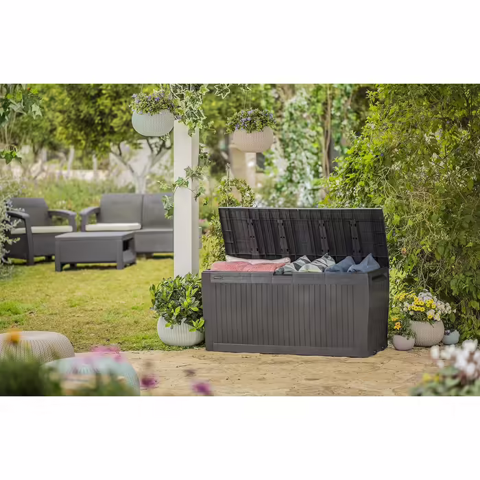 Koll Living Storage Box/Cushion Box 270 Liters Color: Graphite l 100% Waterproof l with ventilation, preventing unpleasant odors/mold l Modern wood-look design l Lid loadable up to 250 KG (2 people)