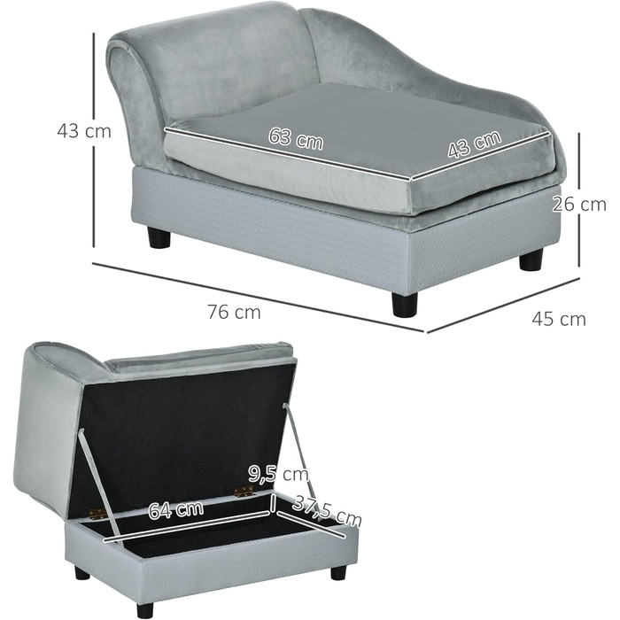 PawHut Крісло-лежанка для собак з матрацом та місцем для зберігання, світло-сірий, 76 x 45 x 43 см