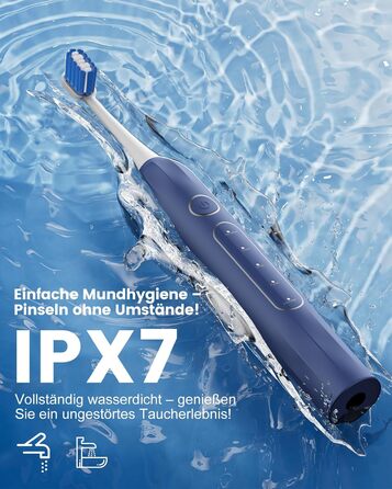 Електрична зубна щітка зі звуковою технологією, 5 режимів, таймер 30s, відбілює зуби за 2 тижні, 8 змінних насадок, IPX7, блакитна
