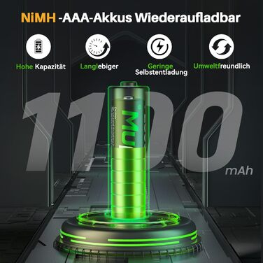 Акумулятори AAA з зарядним пристроєм, 16 шт. - NiMH 1.2V 1100mAh, сумісні з Gigaset, іграшками, раціями, камерами