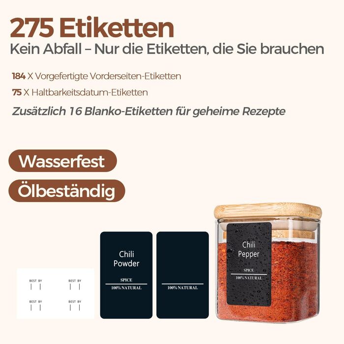 Набір скляних баночок для спецій ComSaf 120 мл (12 шт.) з етикетками, дерев'яними кришками та щільним закриттям