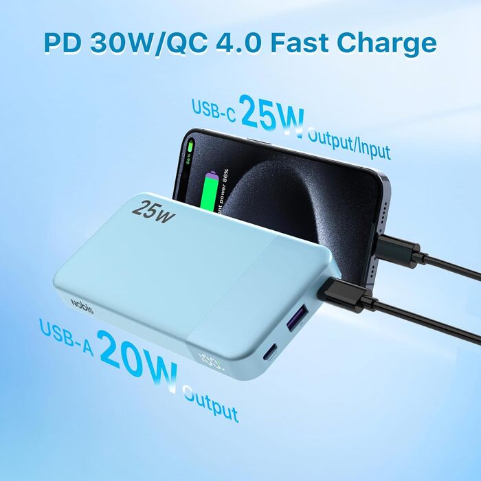 Power Bank NOBIS 10000mAh з цифровою індикацією, 25W, USB-C, блакитний