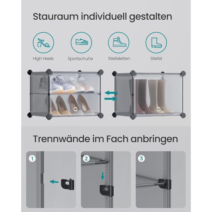 SONGMICS 10-Tier Shoe Rack, Shoe Cabinet, 30 x 40 x 30 cm per compartment, narrow, with doors, steel frame, plastic, for hallway, bedroom, entryway, LPC035B01 (6 compartments (83B x 94H cm), Slate Grey)