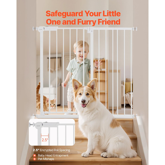 Безпечне ворітце для дітей та домашніх тварин VEVOR: регульована ширина (750-), захист від сходів, відкривається однією рукою, для сходів та дверей, білий, 101,6 см