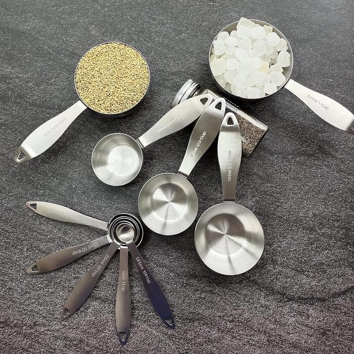 Measuring cup and spoon set, robust, stainless steel measuring cups and spoons, 20 pieces: 5 measuring cups, 6 measuring spoons, 5 mini measuring cups, conversion chart for measuring cups and spoons.