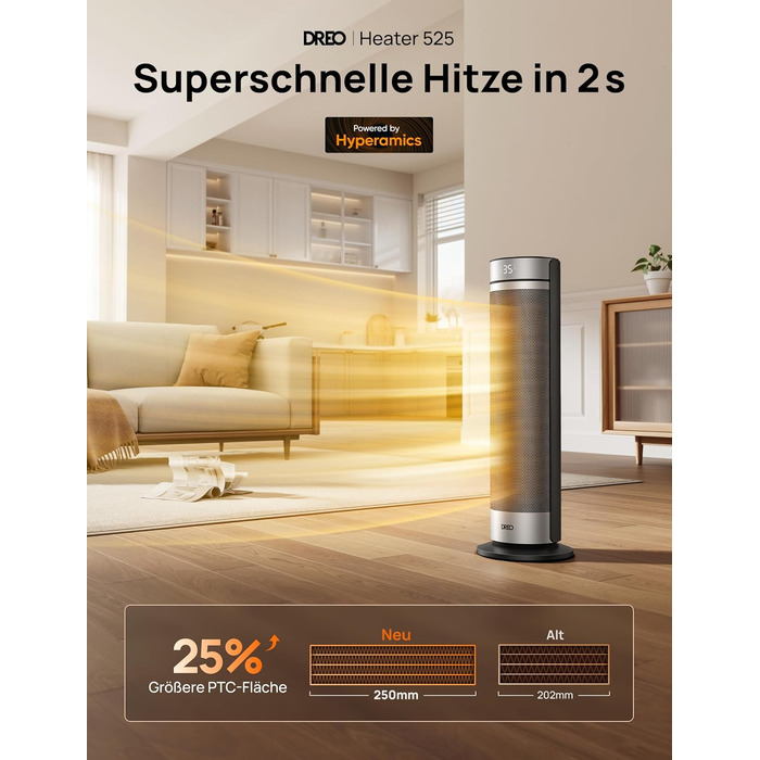 Електричний обігрівач Dreo 23 дюйми, 2000 Вт, тихий, з пультом керування, таймером 12 годин, 70° коливанням, 5 режимів, PTC кераміка з термостатом, для великих приміщень, офісу, срібний