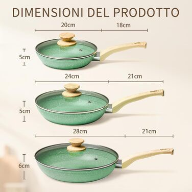 Набір сковорідок Innerwell з кришкою 3 шт. (20 см, 24 см, 28 см), індукційні сковороди з керамічним антипригарним покриттям, для професійного використання, сумісні з духовкою, без PFOA, придатні для миття в посудомийній машині, м'ятно-зелені