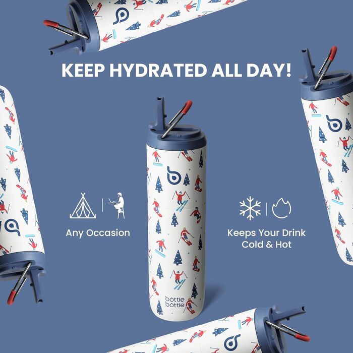 BOTTLE BOTTLE Insulated Stainless Steel Water Bottle 750 ml with Straw, Lid & Handle – Leak-Proof, BPA-Free, Double-Walled – Ideal Water Bottle for Sports, Travel & Fitness (Green) (Skiing)