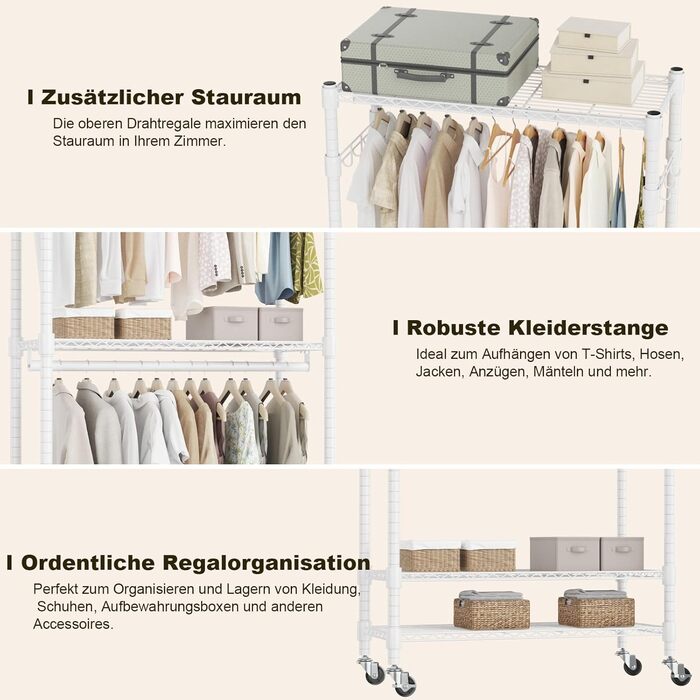 Double Clothes Rack/Garment Rod with Adjustable Shelves, Heavy-Duty Clothes Rack with 2 Hooks, Rolling Clothes Rack, 90 * 42 * 205cm, White (White, 60*42*205cm)