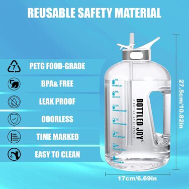 Water Bottle with Straw, 1 Gallon/ 3.5L BPA-Free Leak-Proof Plastic Sports Bottle, Water Bottle with Time Markers, Drinking Bottle for Fitness, Office, Outdoor, Home