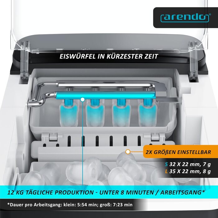 Льодогенератор Arendo Ice Cube Maker, 150 Вт, 12 кг льоду на добу, два розміри кубиків, автоматичне вимкнення, чорний