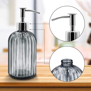 Набір з 2 скляних дозаторів для мила з помпою, 400 мл, для мила, шампуню, лосьйону, багаторазові, для кухні, ванної, пральні (темно-сірий)