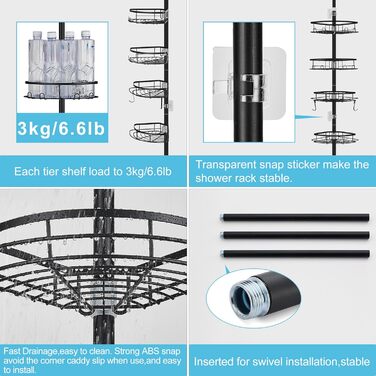 DUFU Shower Shelf Telescopic, No Drilling Required, with 4 Shower Basket, Corner, Non-Slip, Stable Bathroom Shelf Made of Metal, Height Adjustable 85-325cm, Telescopic Shelf, Black