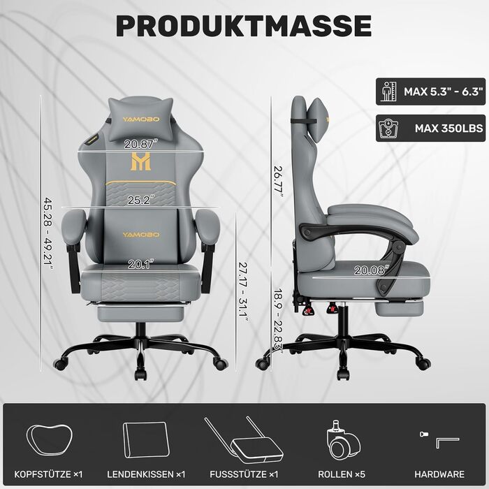 Геймерське крісло Ergonomisch з підлокітниками, підставкою для ніг, подушкою для попереку та голови, регульованою висотою, оббивка PU, сірий колір P-grey
