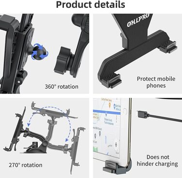 Автотримач для планшету OHLPRO: 360° обертання, сумісний з iPad, Samsung Tab, Huawei (6-11 дюймів)