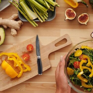 Wakoli EBO Преміум Дамаст універсальний ніж з лезом 12 см, виготовлений з 67 шарів справжнього дамастської сталі та чорного дубового дерева | Ніж Дамаст, кухонний ніж, професійний кухарський ніж