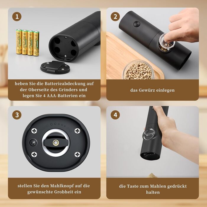 Haomacro Electric Salt and Pepper Grinder Set, Battery Operated, Electric Pepper Grinder Automatic Spice Grinder Salt Shaker with Base, LED Light, Adjustable in 5 Levels
