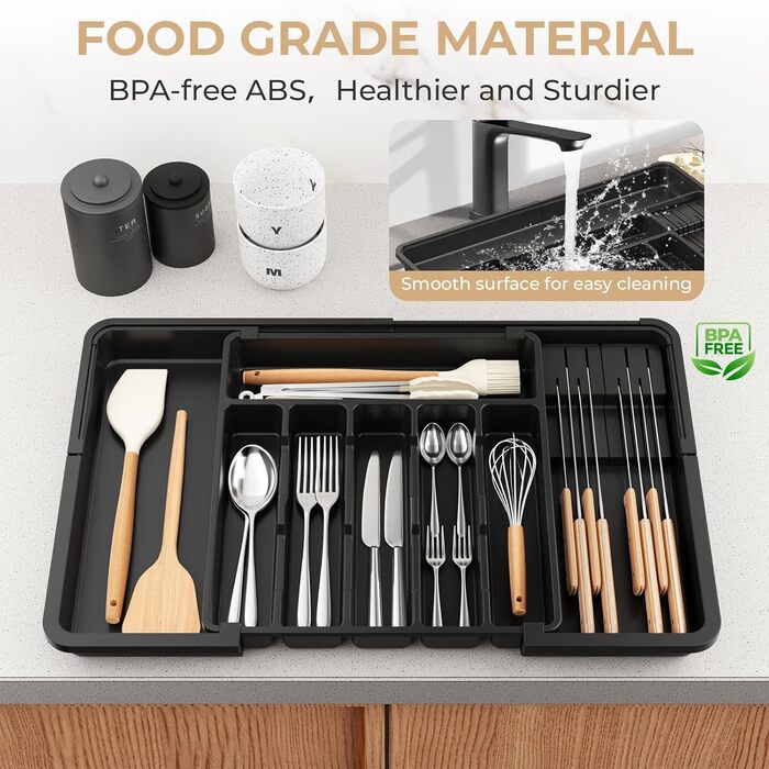 Органайзер для столових приборів в шухляду, розширюваний, 6-9 відділень, з 2 знімними блоками для ножів, чорний