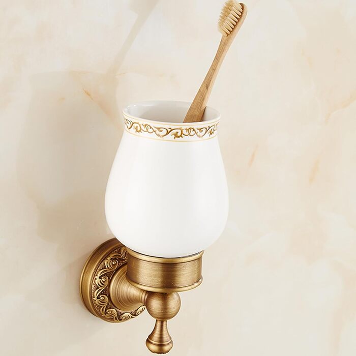 Brass toothbrush holder, antique bronze finish, cup holder with white ceramic cup, wall-mounted, bathroom accessories, patterned carved design