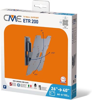 Настінний кронштейн для ТБ Meliconi CME ER 200 (чорний), поворотний та нахильний, для телевізорів 26