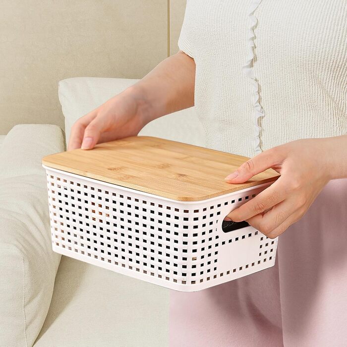 Storage Box with Bamboo Lid Small 3 Pieces 5L Storage Box Bathroom Box with Lid Bathroom Organizer 25x18x10cm Plastic Box Kitchen Storage Boxes Baskets Containers Stackable Boxes (White)