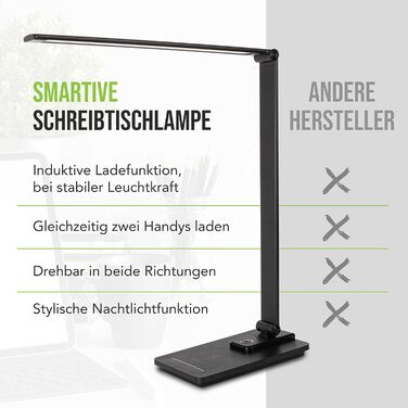 SMARTIVE LED лампа настільна з бездроговою зарядкою - офісна лампа з 10W бездротовою зарядкою, регульоване світло, USB вихід, чорний колір