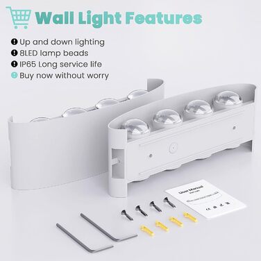 Світлодіодна настінна лампа Lureshine, 2 шт., 22x8x5 см, IP65, 8W, 3000K, чорний алюміній, для вітальні
