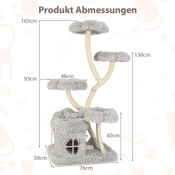 Дерев'яна кігтеточка для котів COSTWAY 165 см з 4 лежаками, печерою та сизалевими стовпчиками. Міцний каркас з металу, сірий колір.