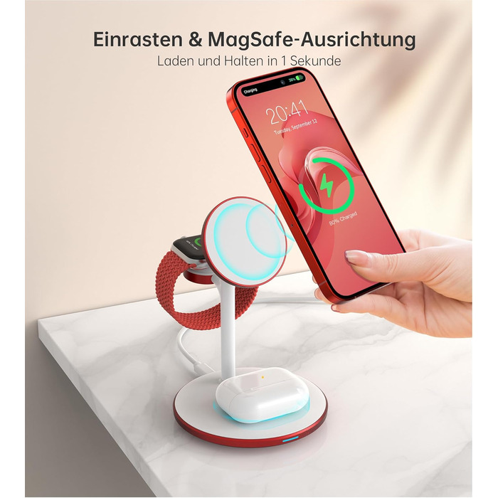 3-в-1 Бездротова Зарядка для Багатьох Пристроїв: iPhone, iWatch, AirPods, 15W, MagSafe, Колір: Маджента