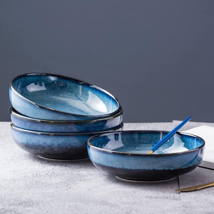 Набір супових тарілок UNICASA, 4 шт, порцеляна, 16 см, блакитні. Ідеально для супу, десерту, сніданку. Об'єм 740 мл. Сервіз на 4 персони